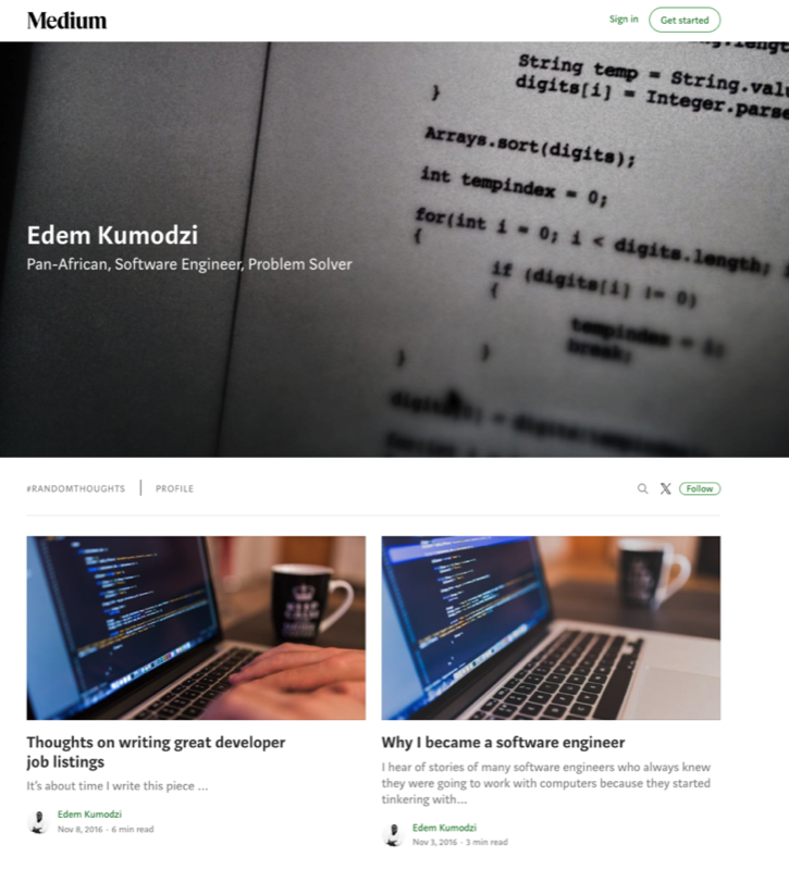 My Medium profile during the V2.0 era, showing my software engineering and problem-solving content